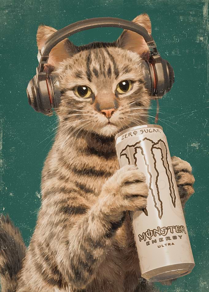 Cat Wearing Headphones Holding Energy Drink