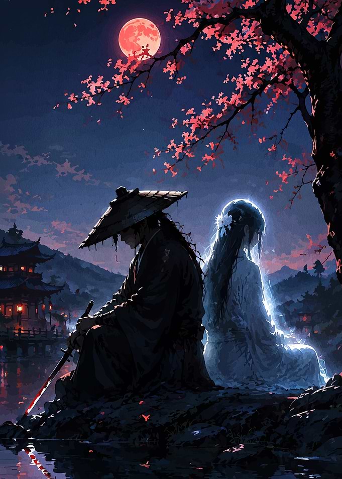 Samurai and Spirit Under Red Moon