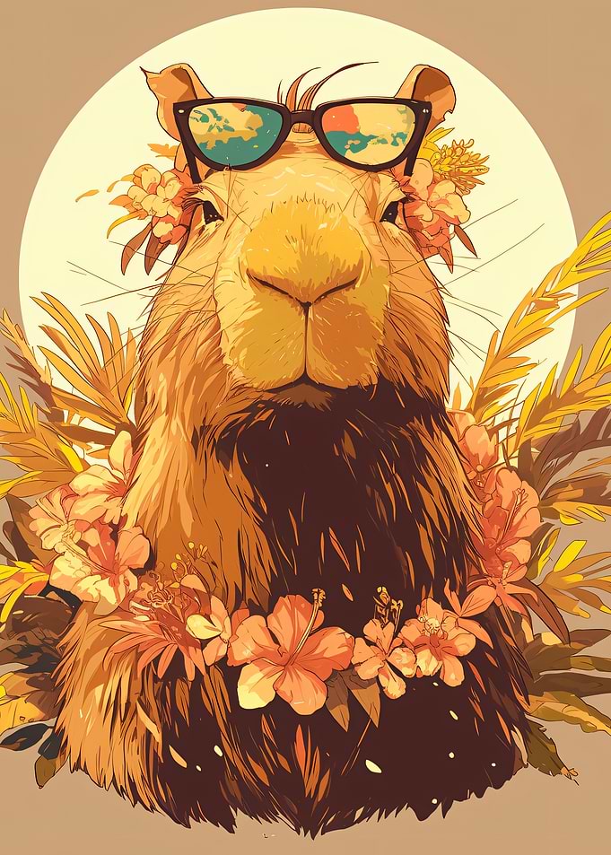 Cool Capybara with Tropical Flowers