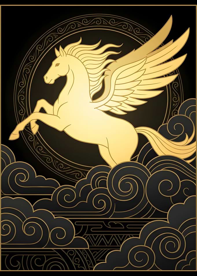 Golden Pegasus in Stylized Clouds
