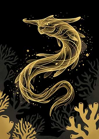 Golden Ethereal Hammerhead Shark Illustration