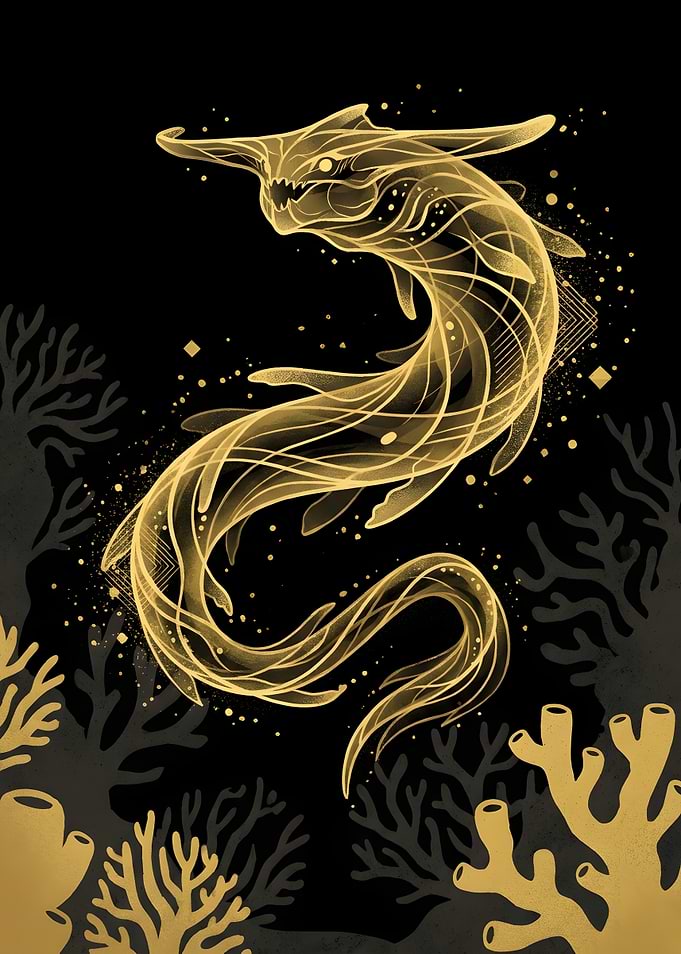 Golden Ethereal Hammerhead Shark Illustration