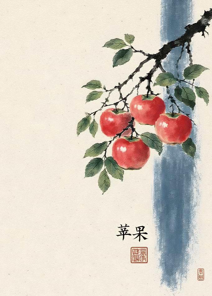 Traditional Chinese Ink Wash Apple Painting