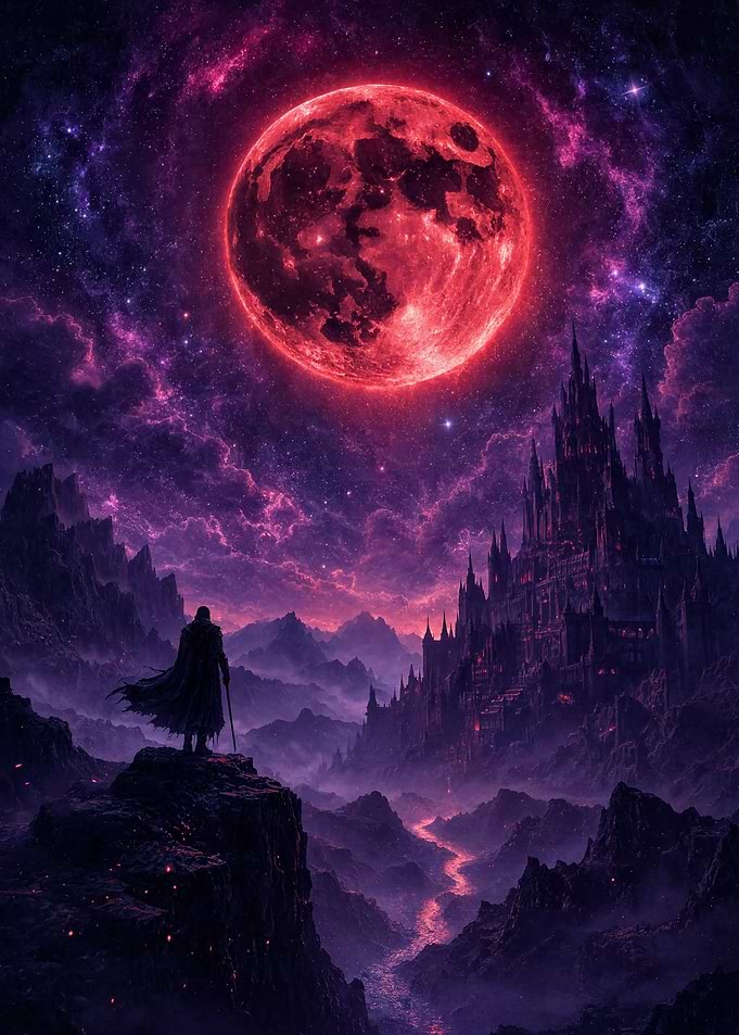 Lone Traveler Before Crimson Moon Castle