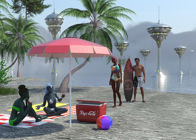 Futuristic Beach Scene with Alien Girls and Human Surfer