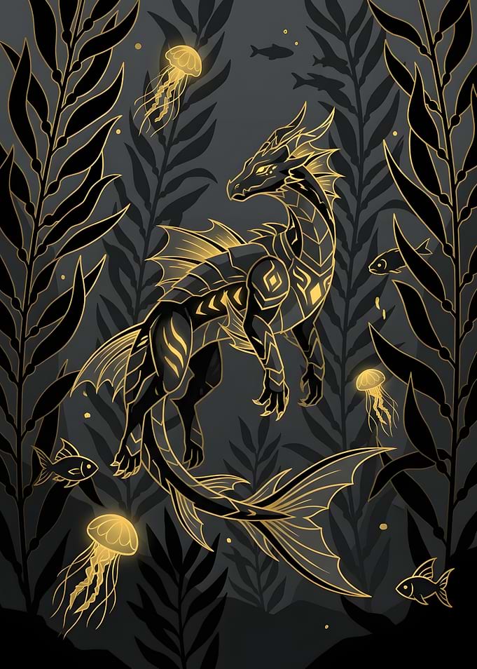 Golden Underwater Dragon Illustration
