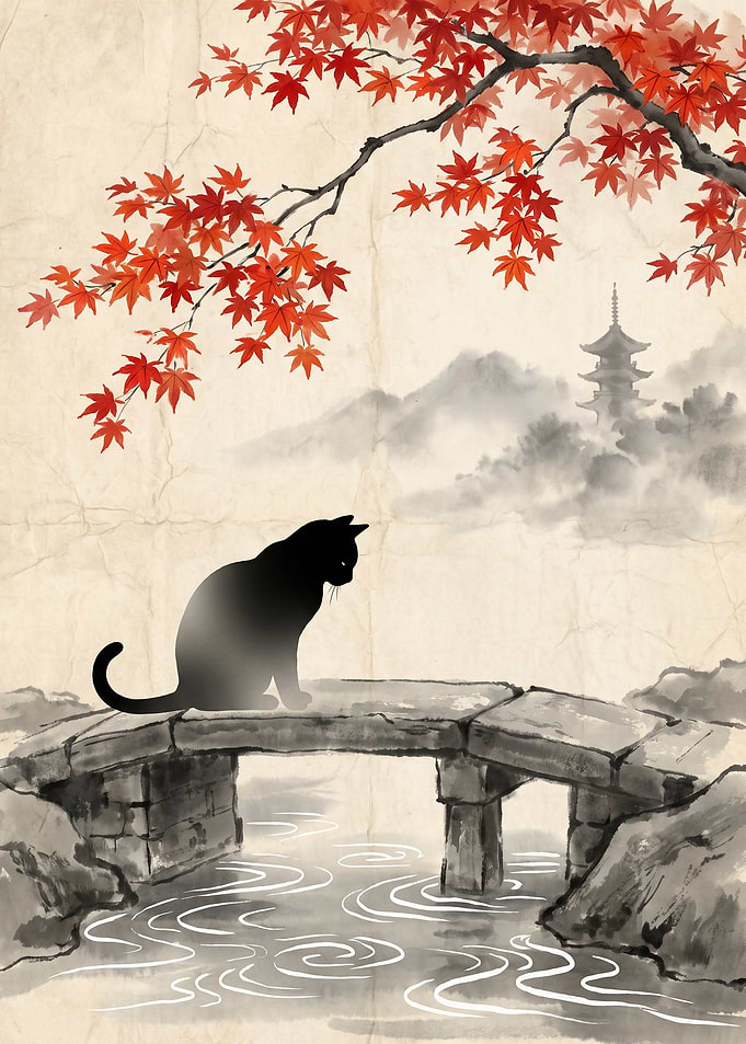Black Cat on Japanese Stone Bridge