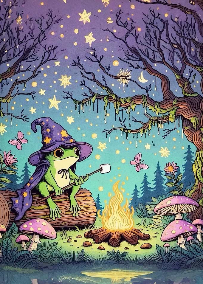 Wizard Frog Roasting Marshmallow at Night