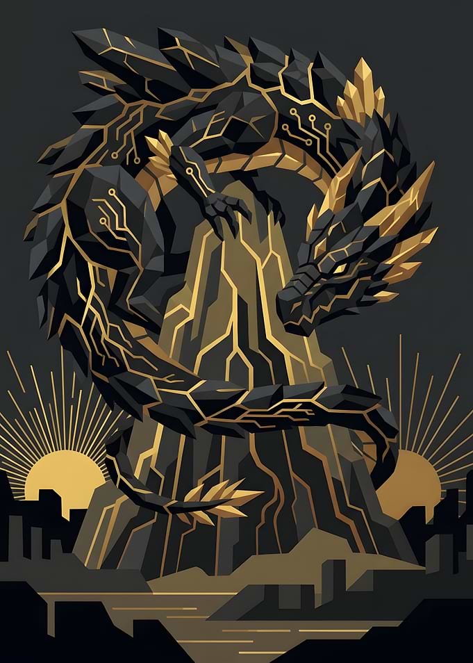 Geometric Crystal Dragon on Mountain