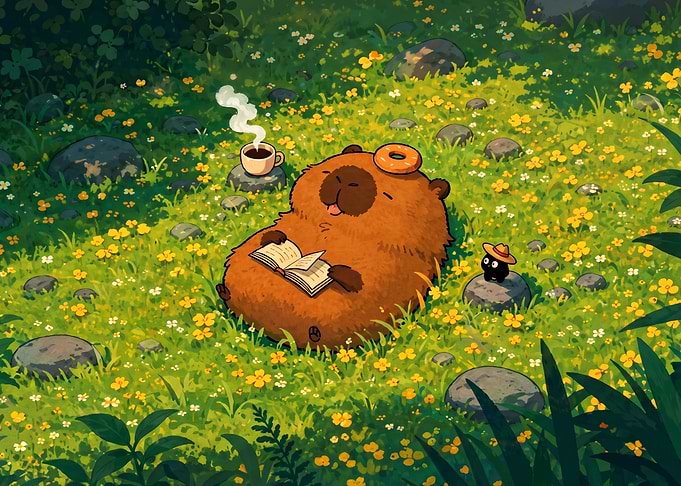 Capybara Reading in a Flower Meadow