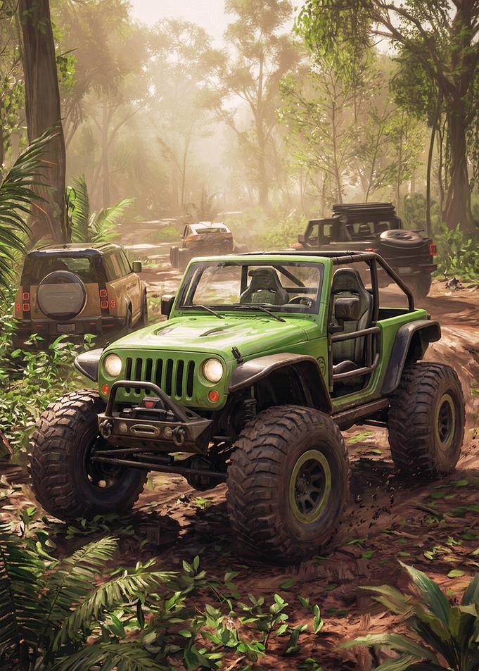Off-road Jeeps in Tropical Jungle