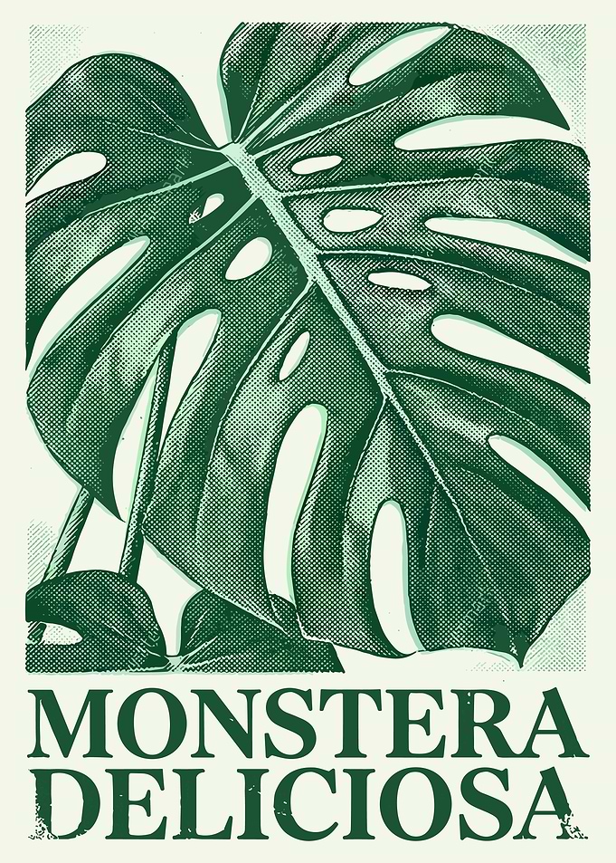 Vintage Monstera Deliciosa Botanical Wall Art Retro Halftone Leaf Nature Poster