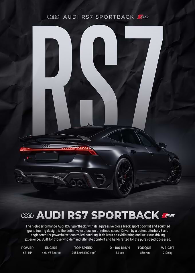 black sleek rear view Audi RS7 Sportback Performance Poster