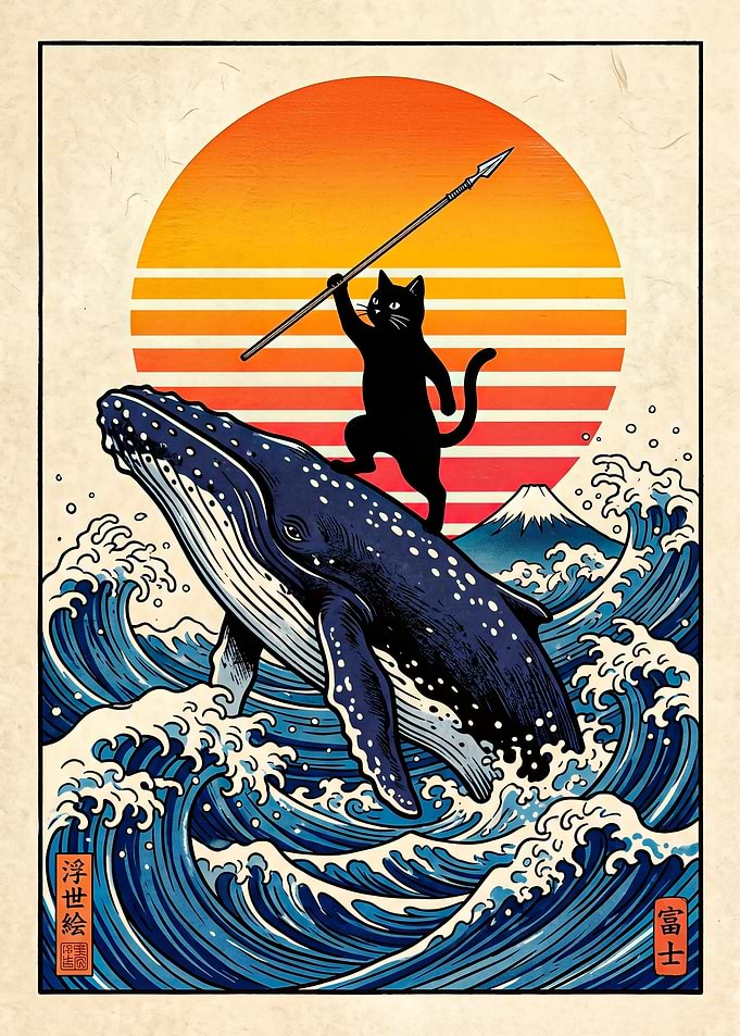 Black Cat Warrior Riding a Whale