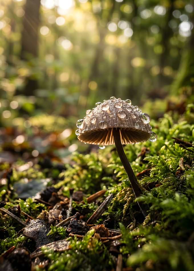Dew-Covered Mushroom in Forest Sunlight