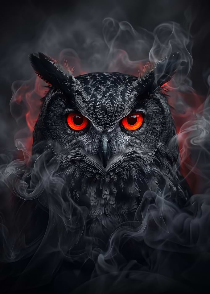 black Mystical Owl with Glowing Red Eyes poster