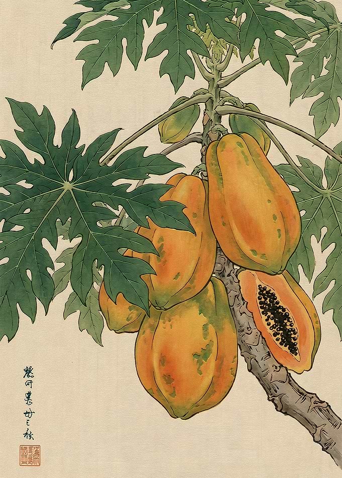 Vintage Japanese Papaya Botanical Illustration