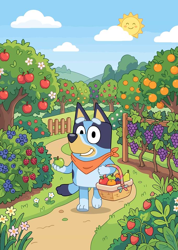 Bluey Picking Fruit in Orchard