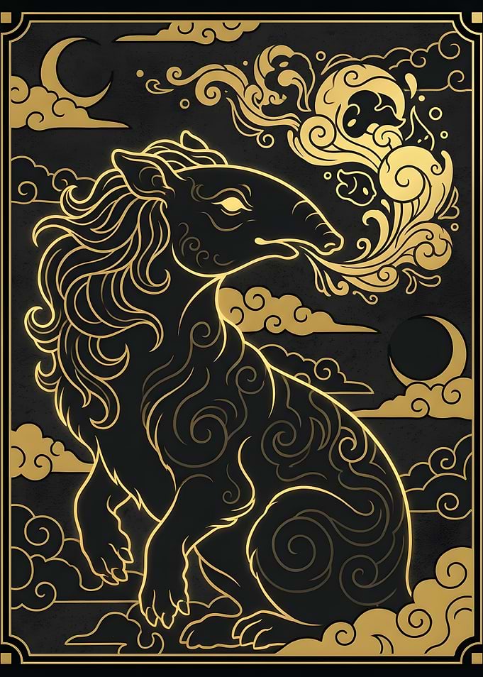 Baku Mythical Creature Gold Line Art