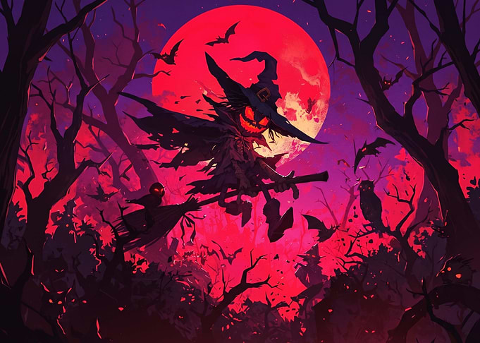 Spooky Witch Flying Under Red Moon