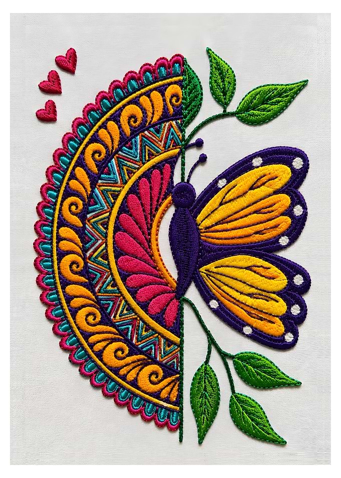 Vibrant Embroidered Butterfly | Colorful Thread Art on Linen