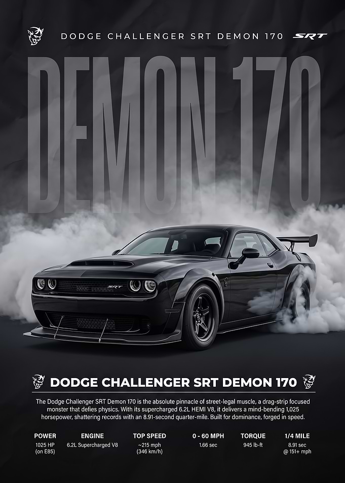 black Dodge Challenger SRT Demon 170 car Poster
