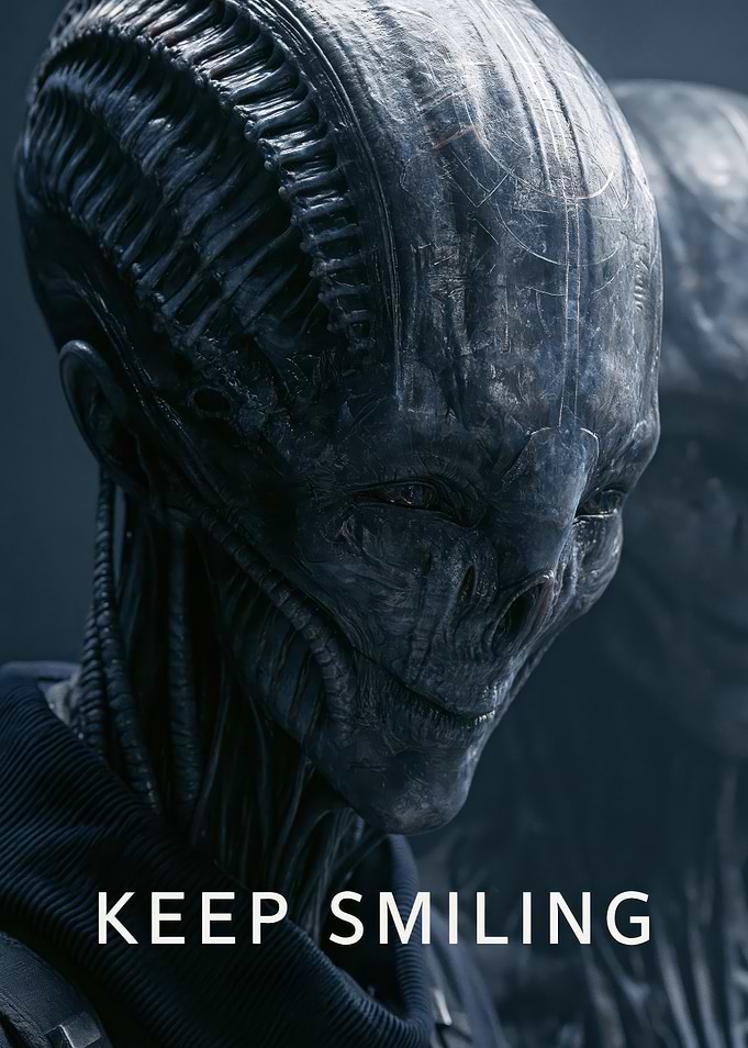 Keep Smiling – Creepy Alien Dark Humor Sci-Fi Poster