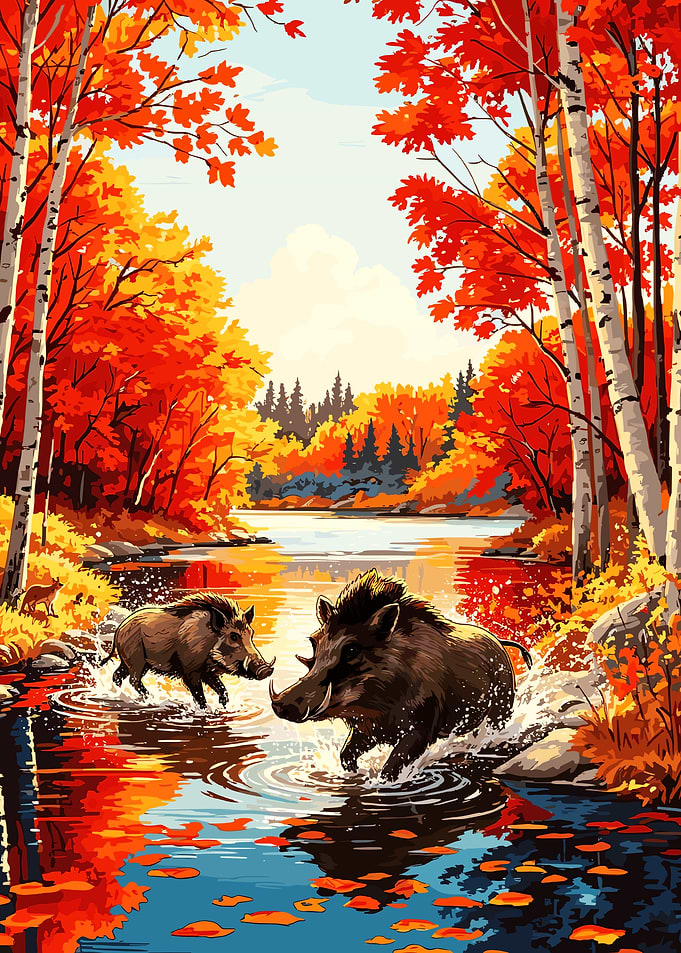 Wild Boars in Autumn Forest