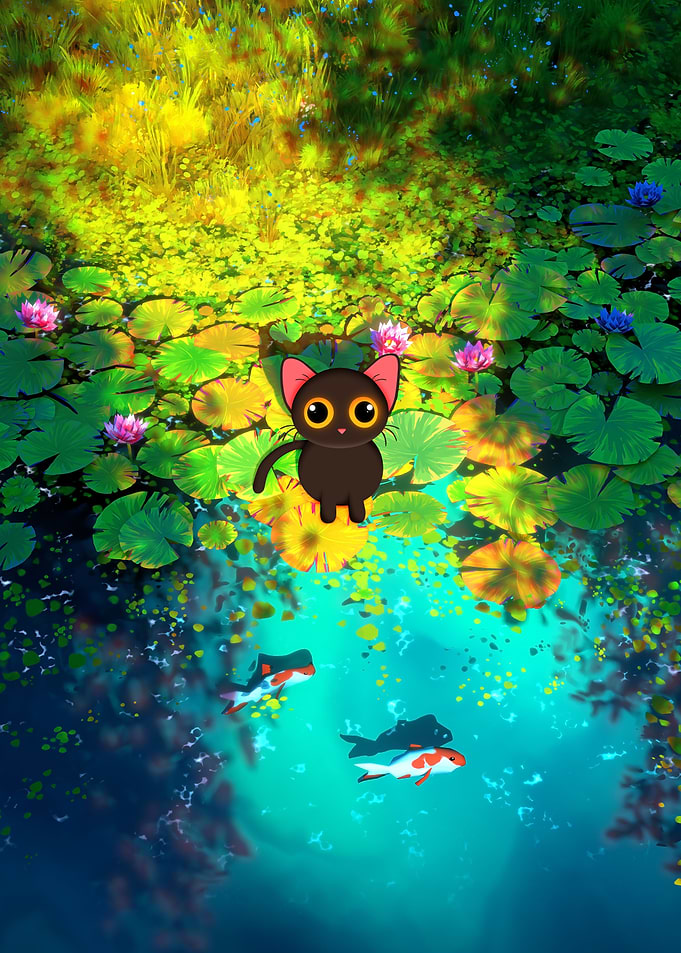 Magical BlackBerry Cat by the Lily Pond
