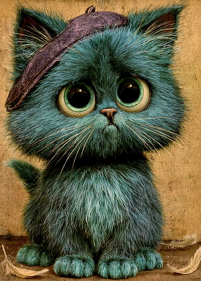 Sad Teal Kitten in Beret