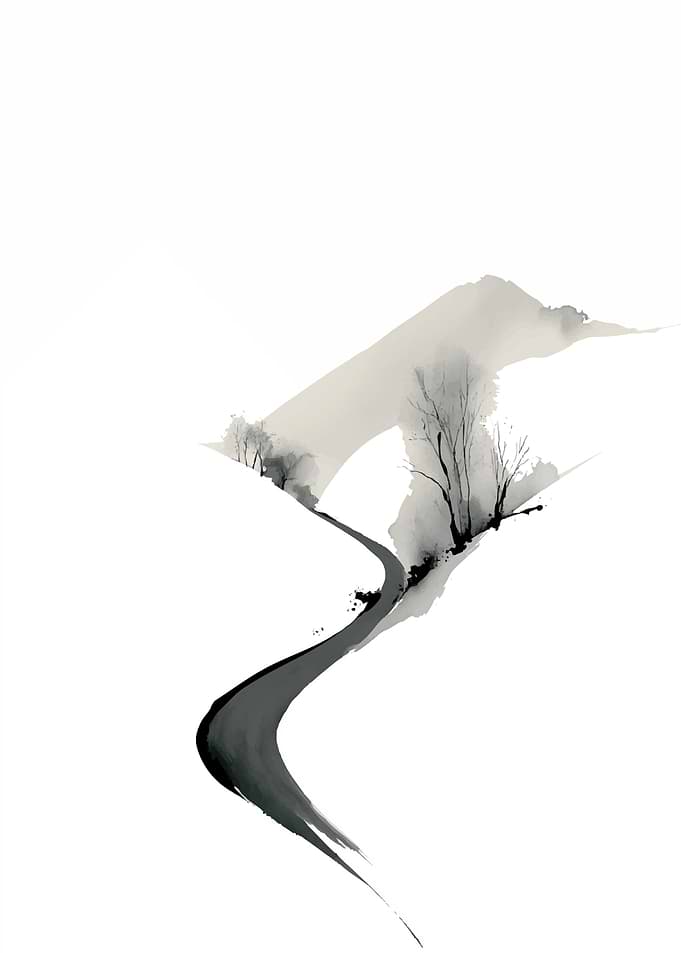 Minimalist Ink Wash Mountain Landscape