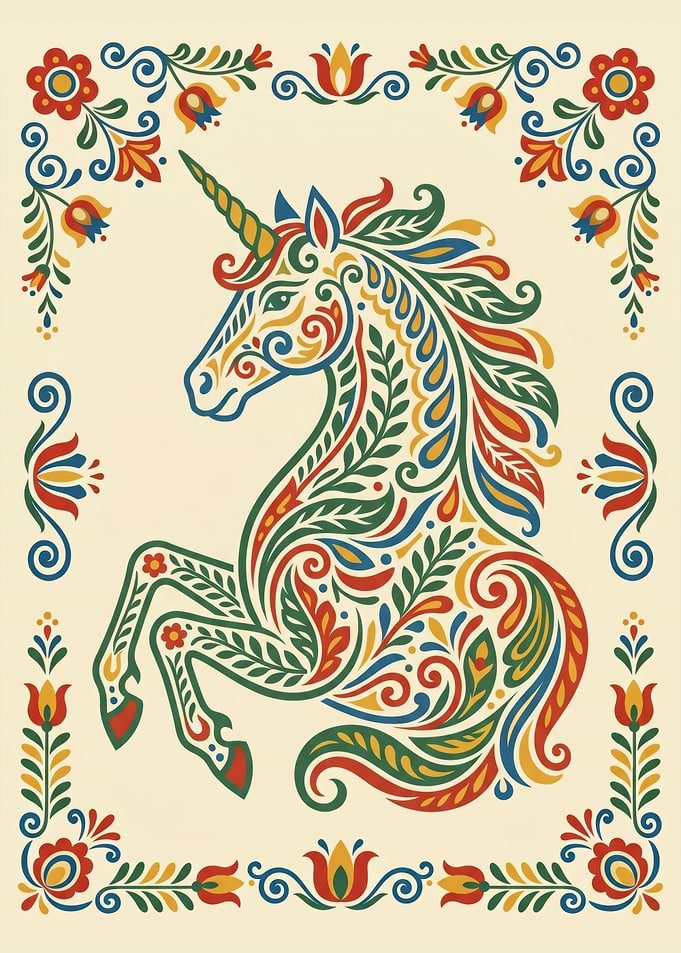 Traditional Nordic Kurbits Folk Art Unicorn Illustration
