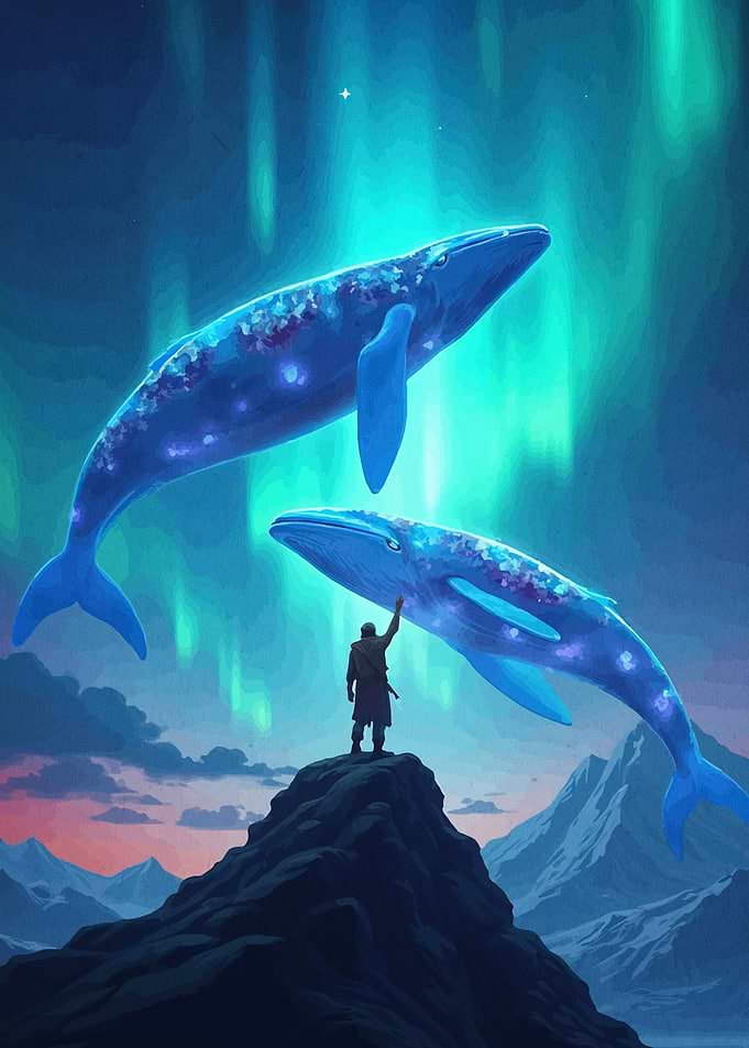 Whales Swimming in Northern Lights
