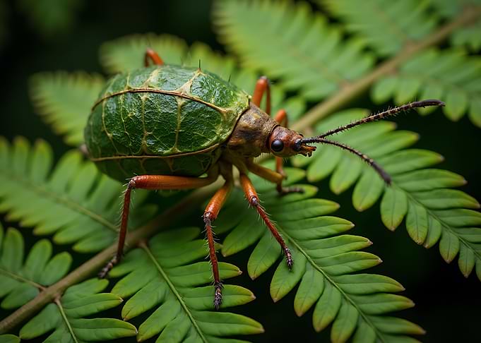 Leaf-Mimicry Beetle on Fern