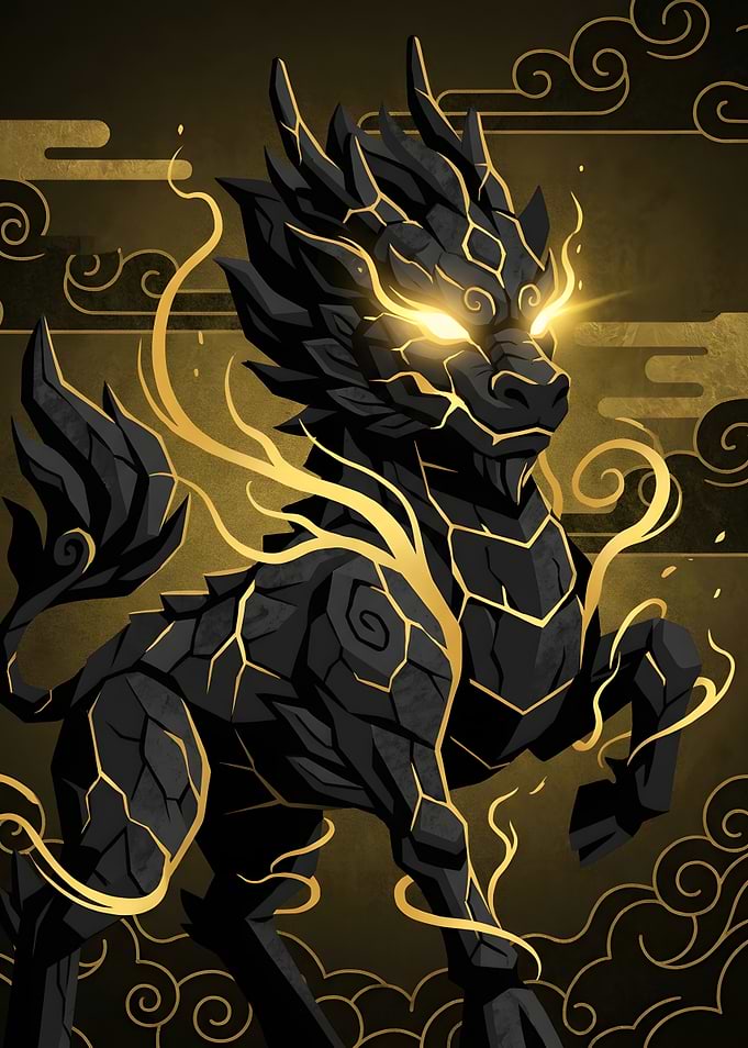 Golden Glowing Obsidian Qilin Creature
