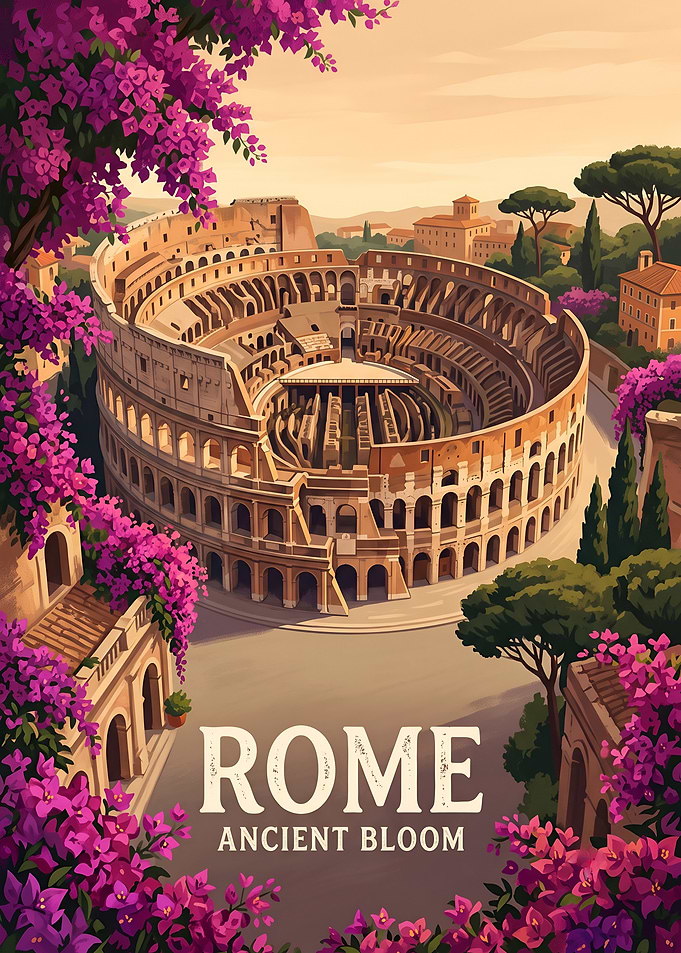Rome Colosseum Travel Poster with Flowers