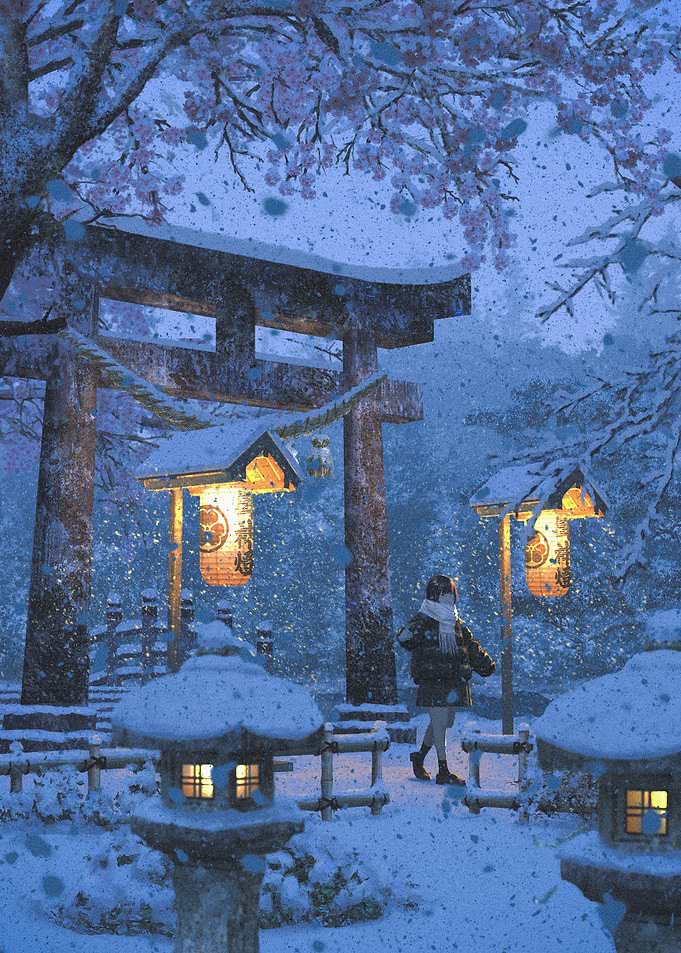 Girl Walking Through Snowy Japanese Shrine