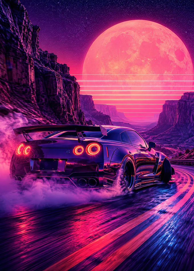 Neon Synthwave Nissan GT-R Drift