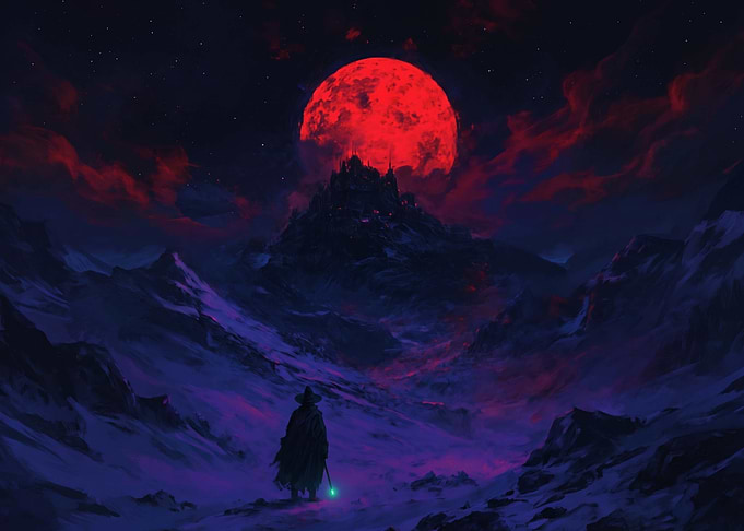 Lone Traveler Under Blood Moon