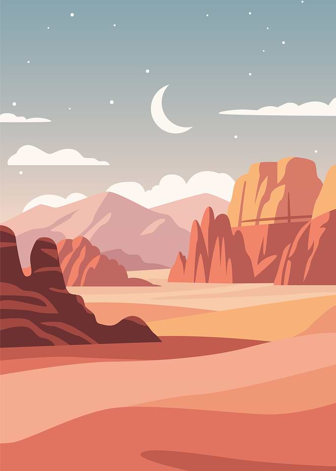 Minimalist Desert Landscape Under Crescent Moon
