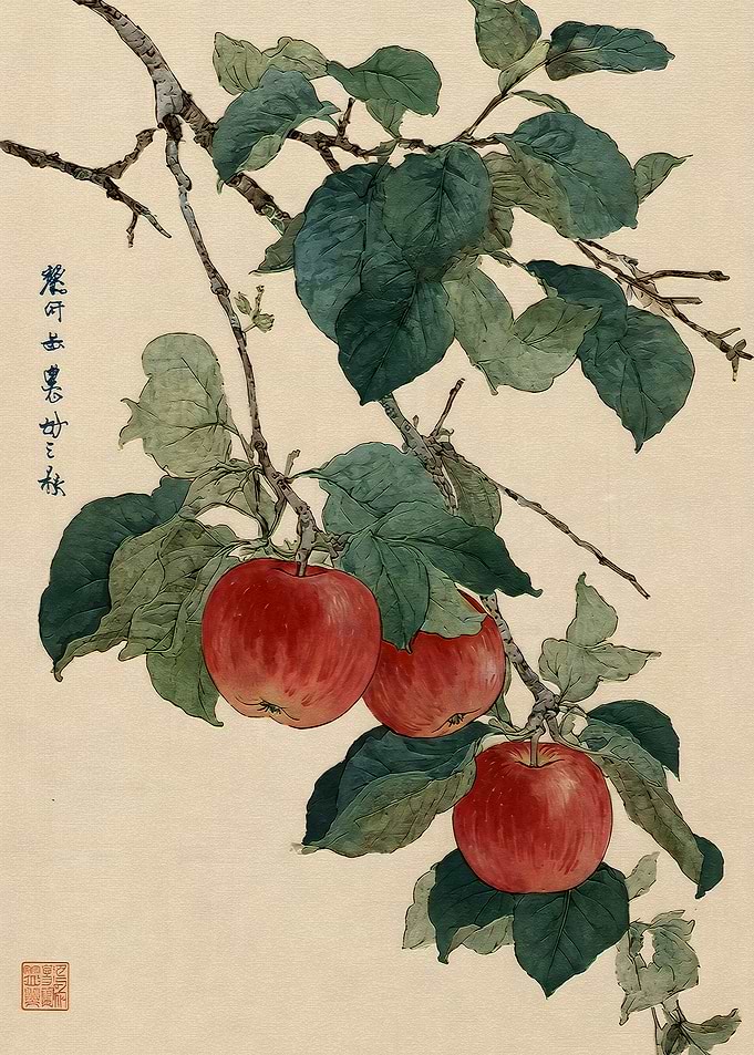 Traditional Japanese Style Apple Branch Painting