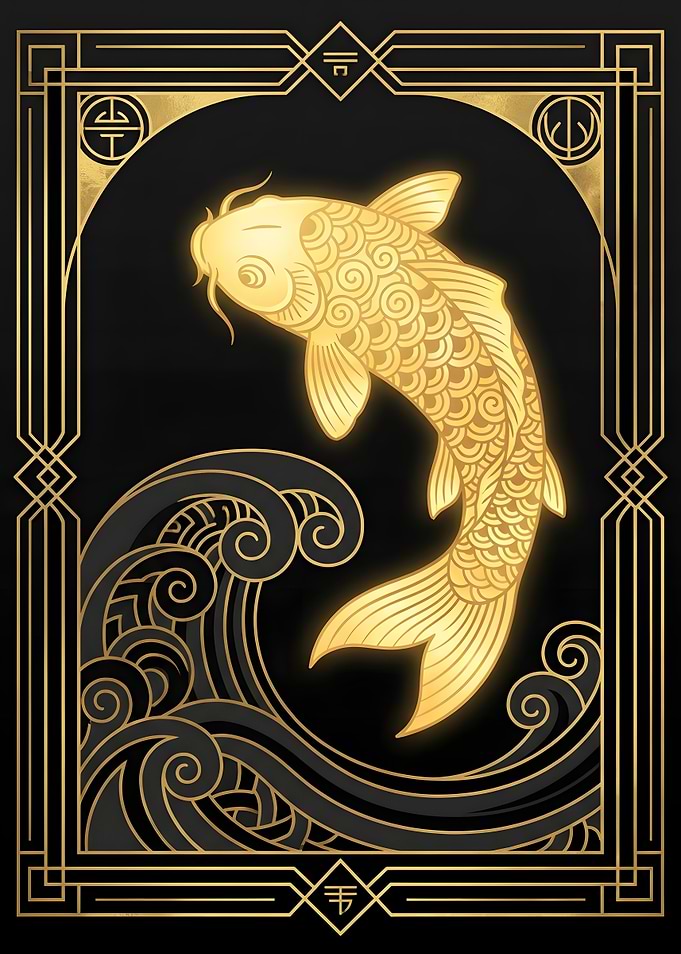 Golden Koi Fish Art Deco Poster