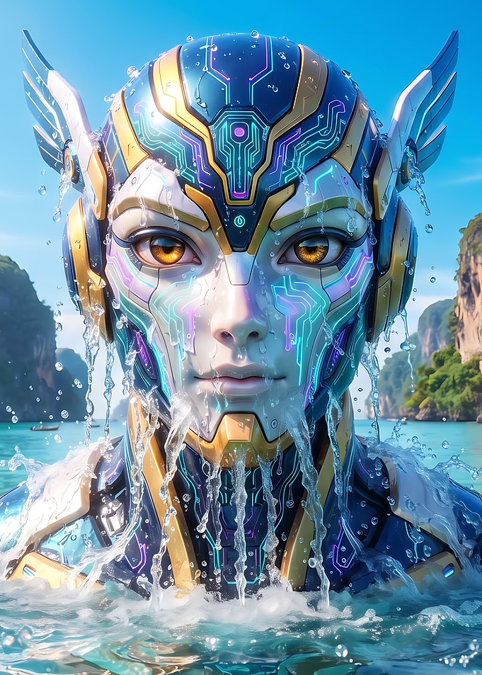 Cybernetic Android Emerging from Tropical Waters