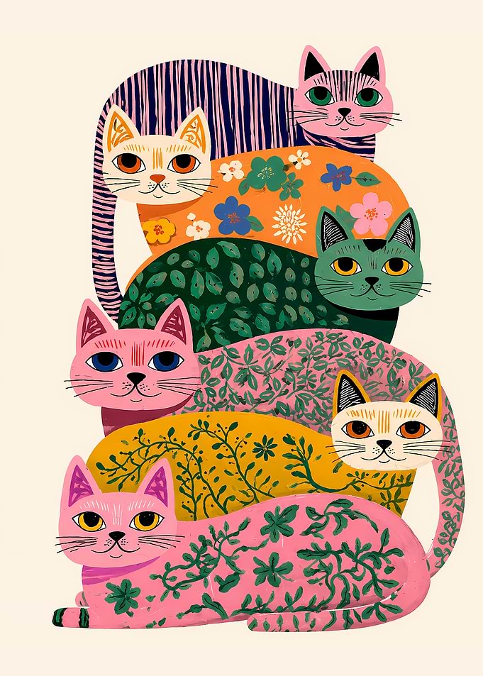 Stack of Patterned Floral Cats