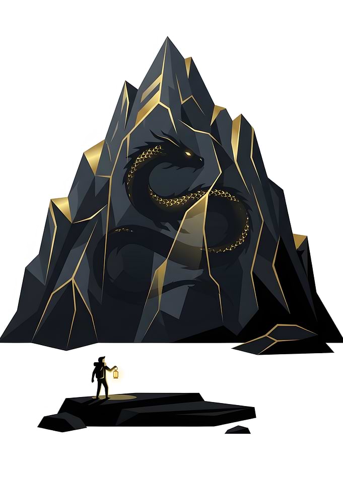 Explorer Facing a Dragon Mountain