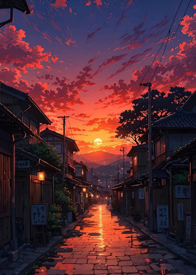 Sunset over a traditional Japanese street