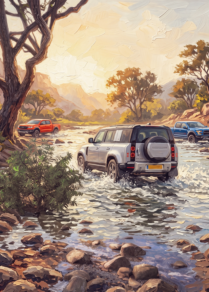 Off-road vehicles crossing a river