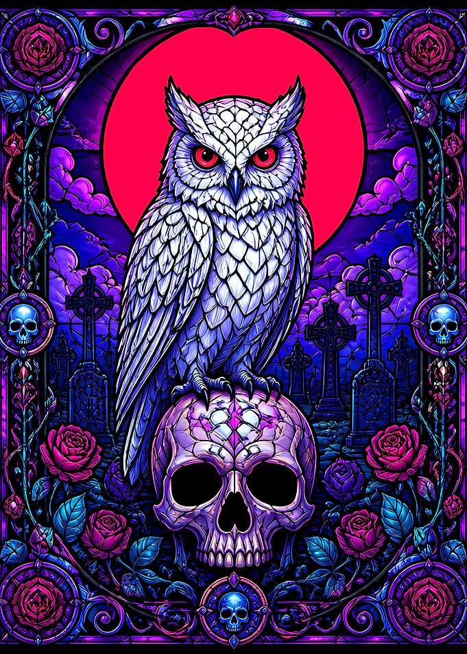 Stained Glass Owl on a Skull