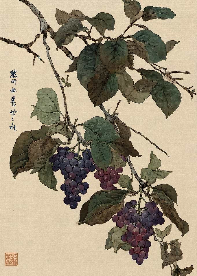Traditional Chinese Ink Painting of Grapes