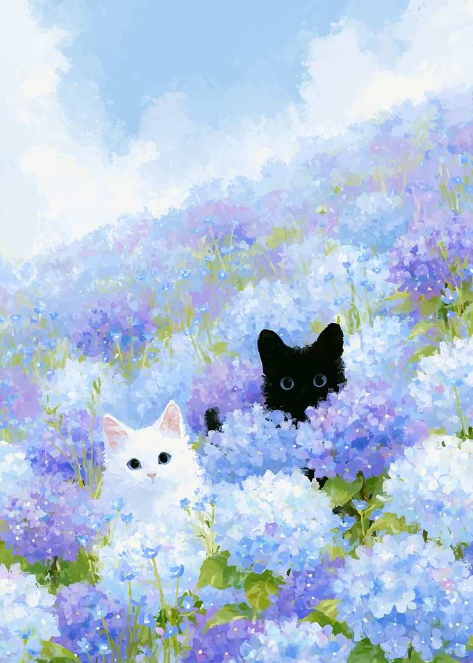 Black and White Kittens in Hydrangeas